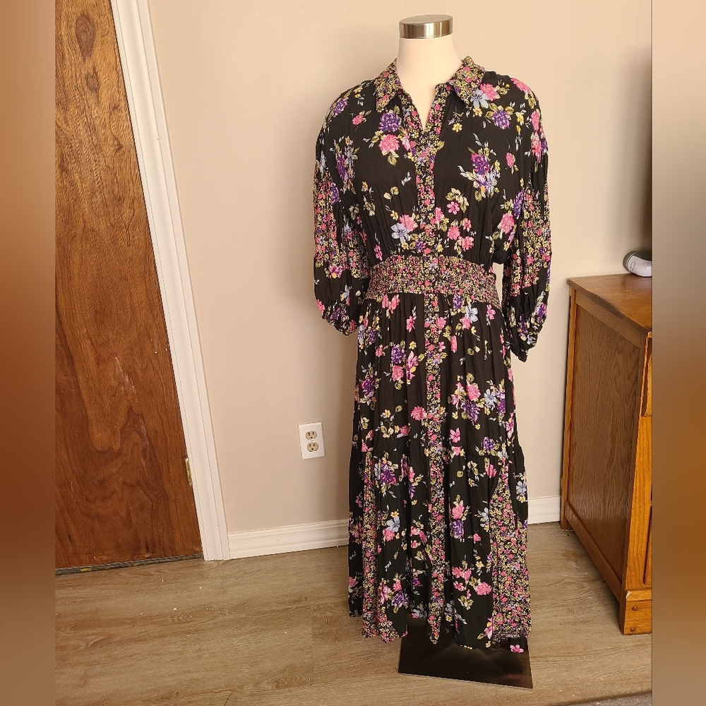 Free people Prairie Punk button front midi dress floral boho dress with pockets